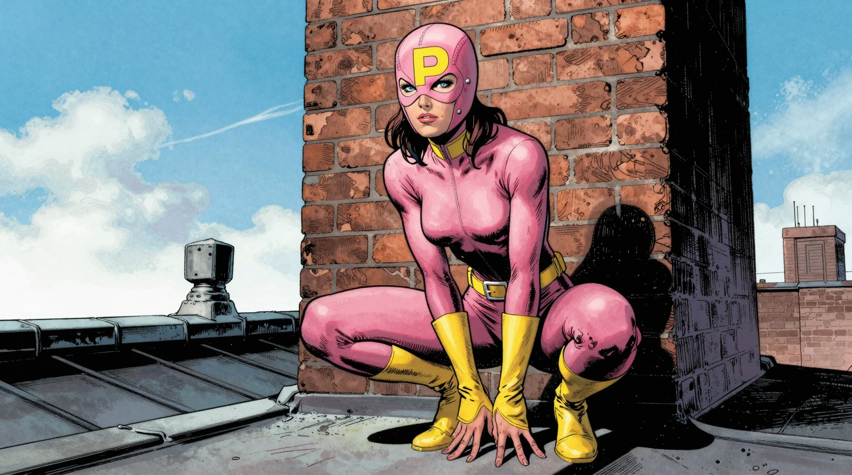 Super-heroína mascarada de rosa agachada em um telhado da cidade