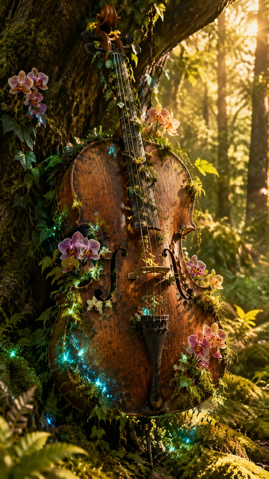 Violonchelo vintage colgando en un bosque místico al atardecer