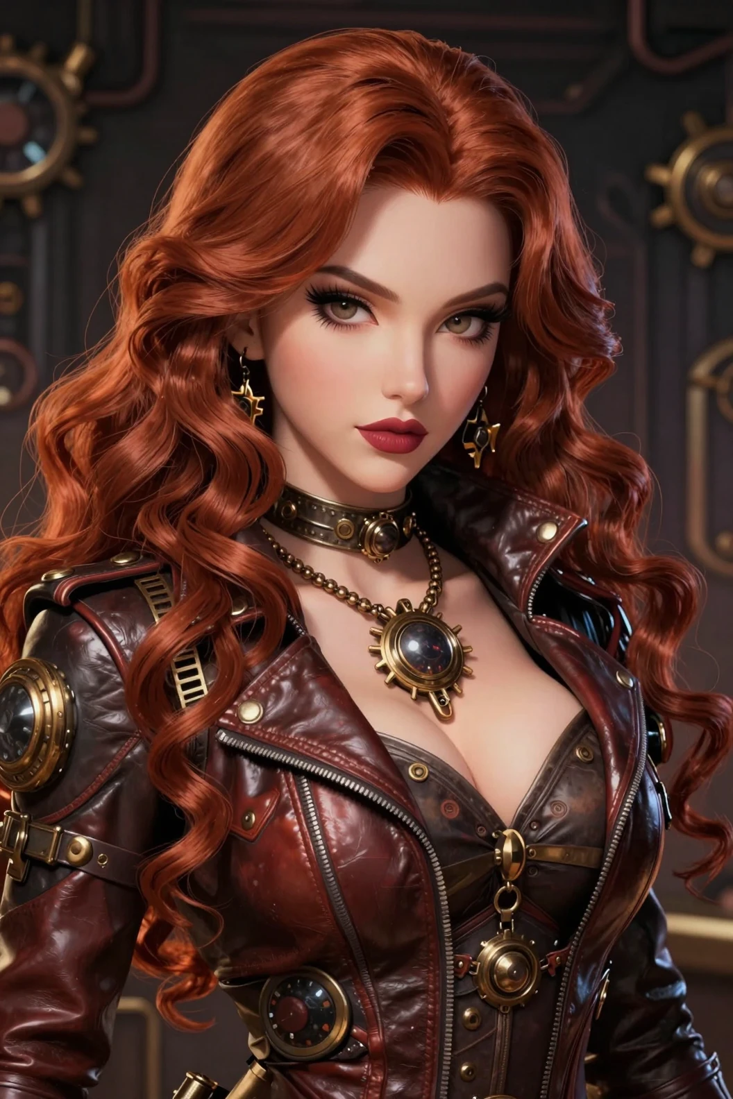 Femme anime steampunk aux longs cheveux ondulés en veste de cuir