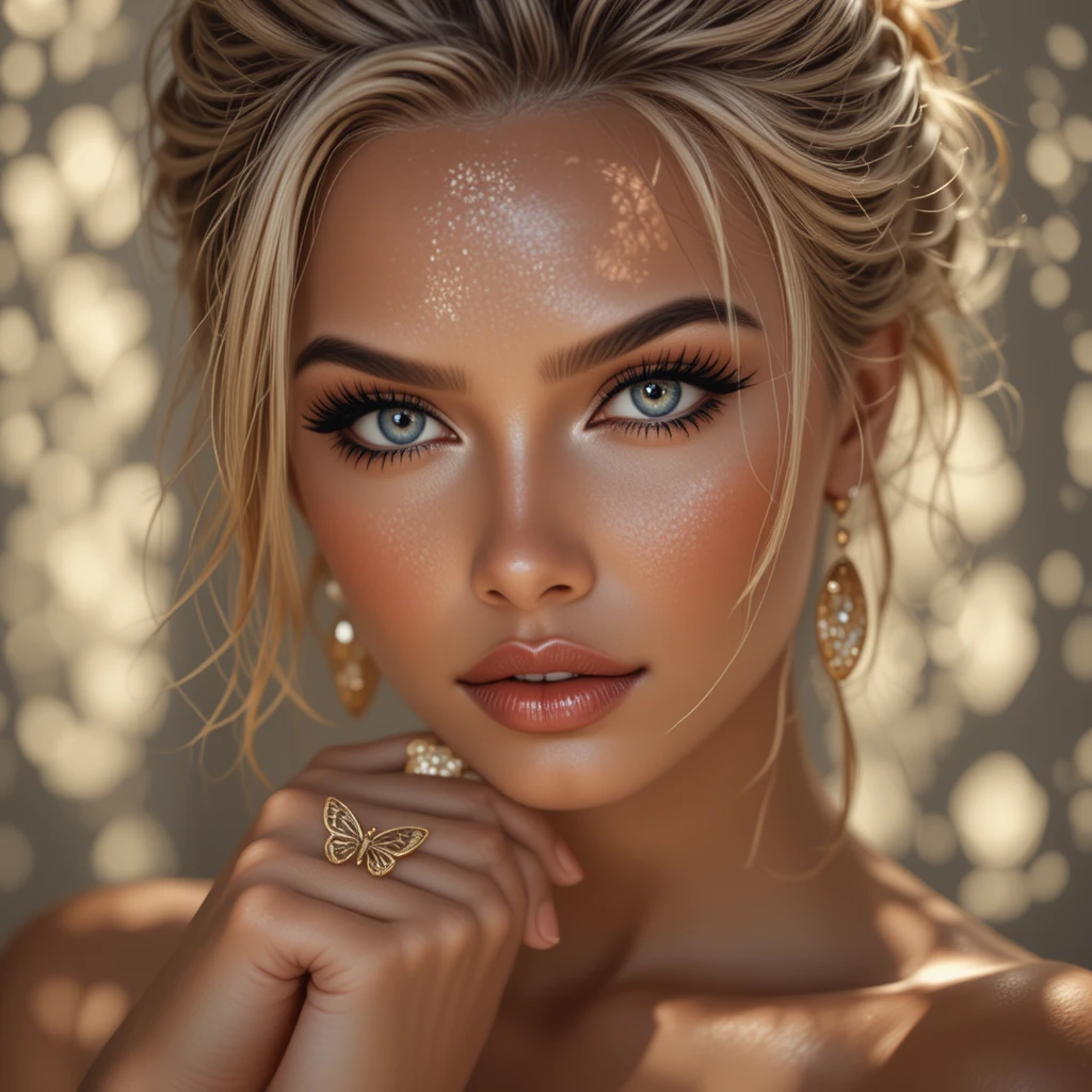 Retrato em close de mulher loira com luz e sombra rendada
