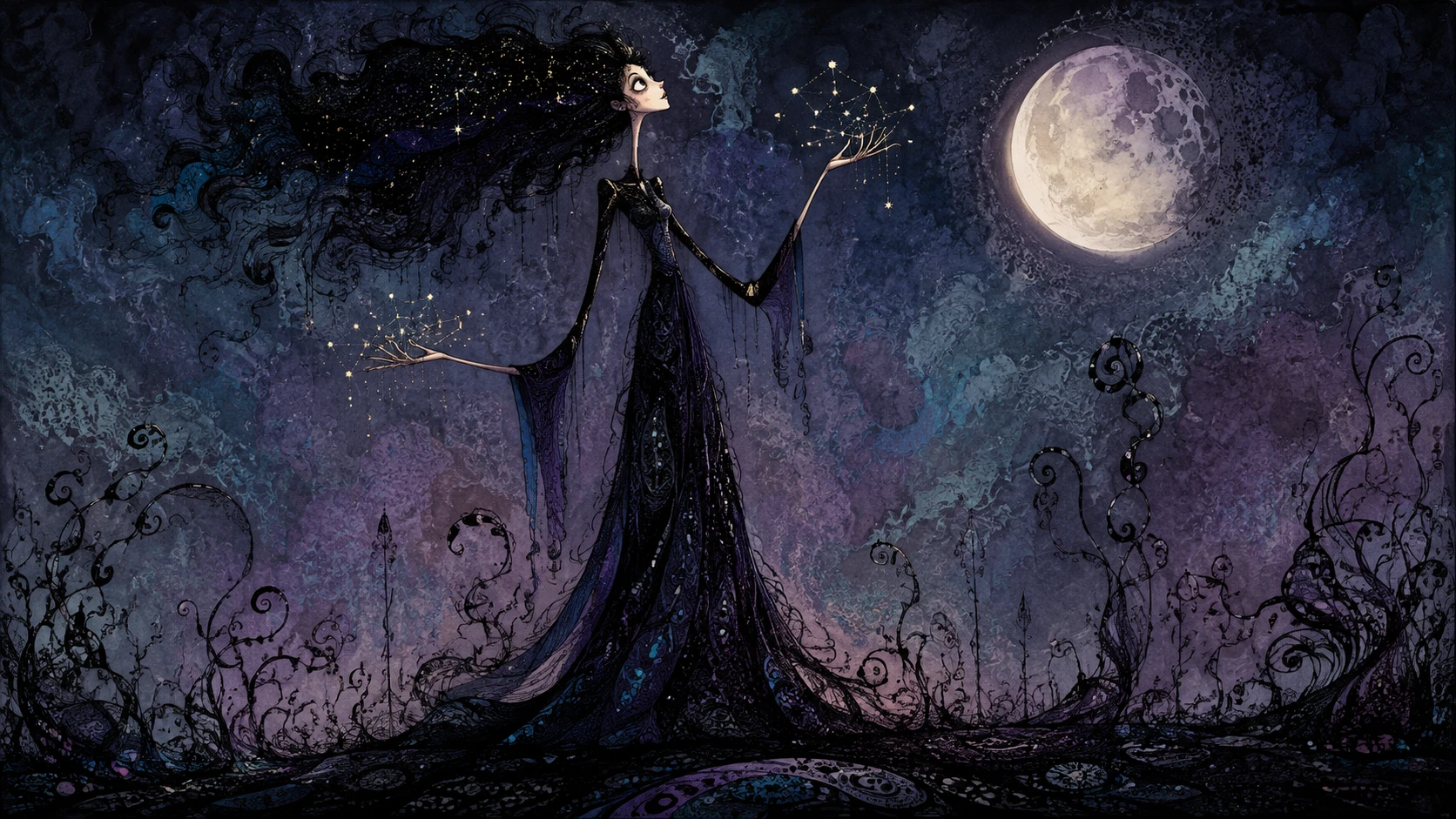 Mulher alta surreal em uma paisagem abstrata ao luar