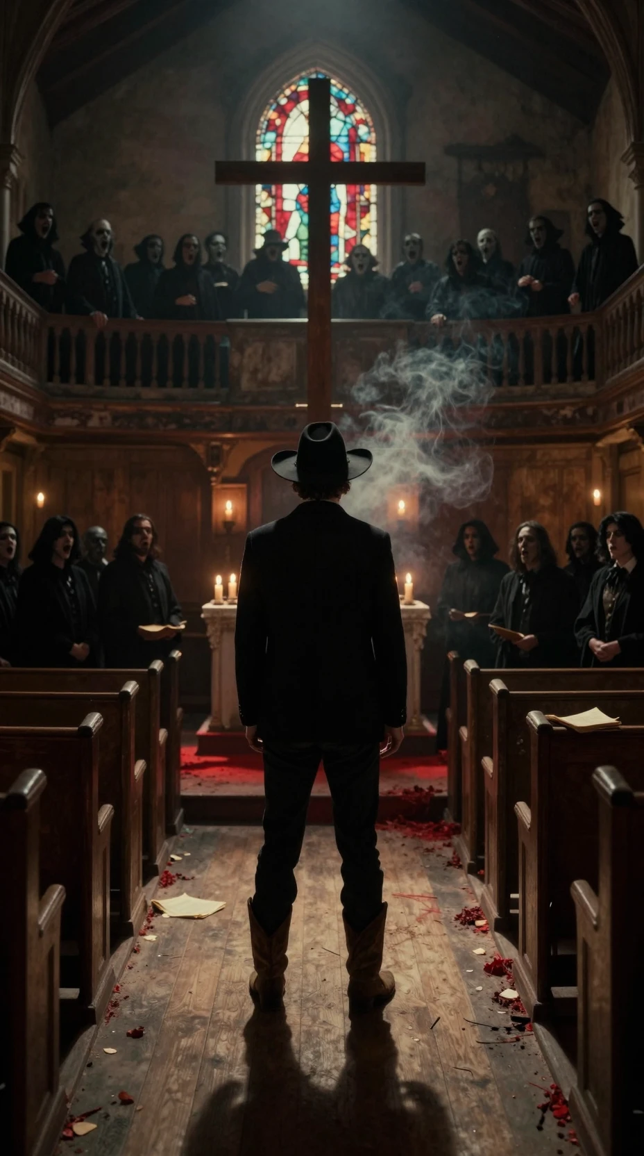 Cowboy sob a cruz em igreja gótica sulista à meia-noite