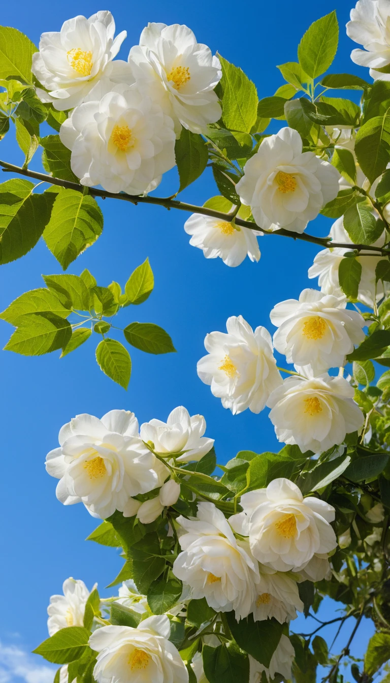 Lila Blütenranke vor klarem kobaltblauem Himmel
