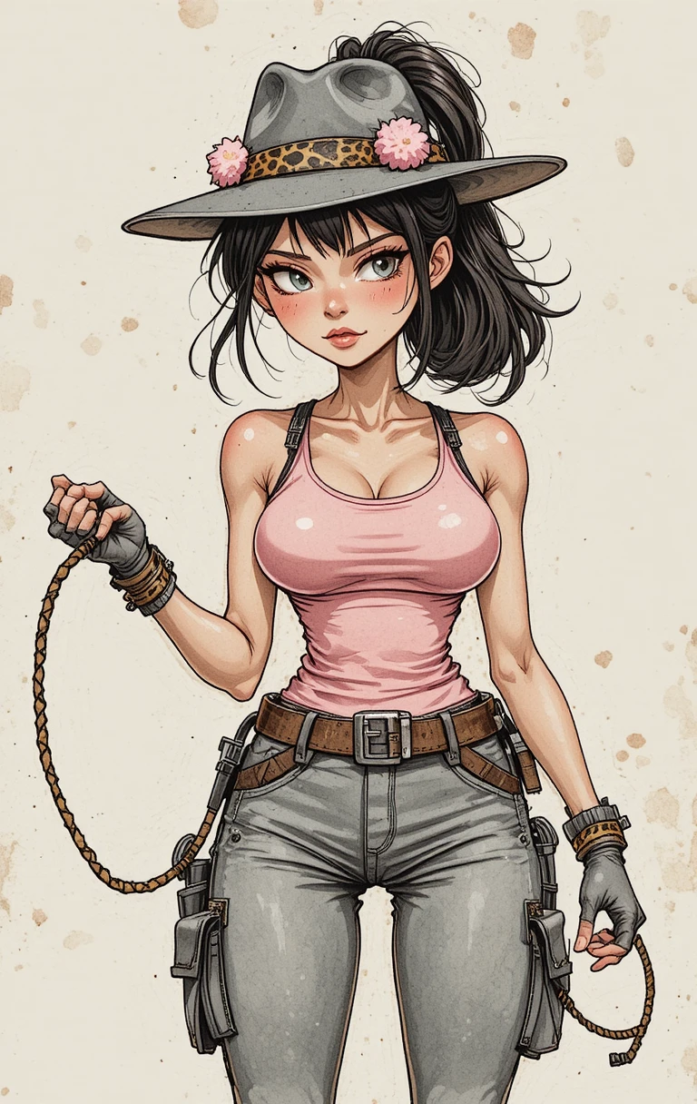 Aventureira com chicote em estilo pulp de quadrinhos