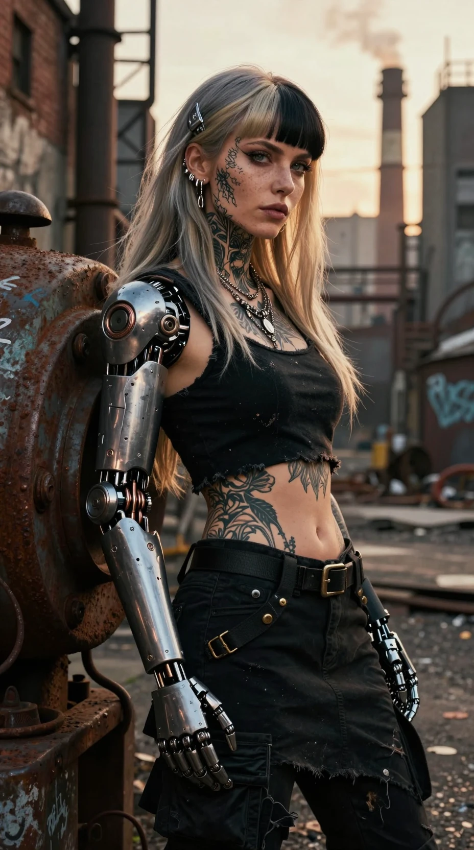 Mulher cyberpunk com braço mecânico em viela industrial