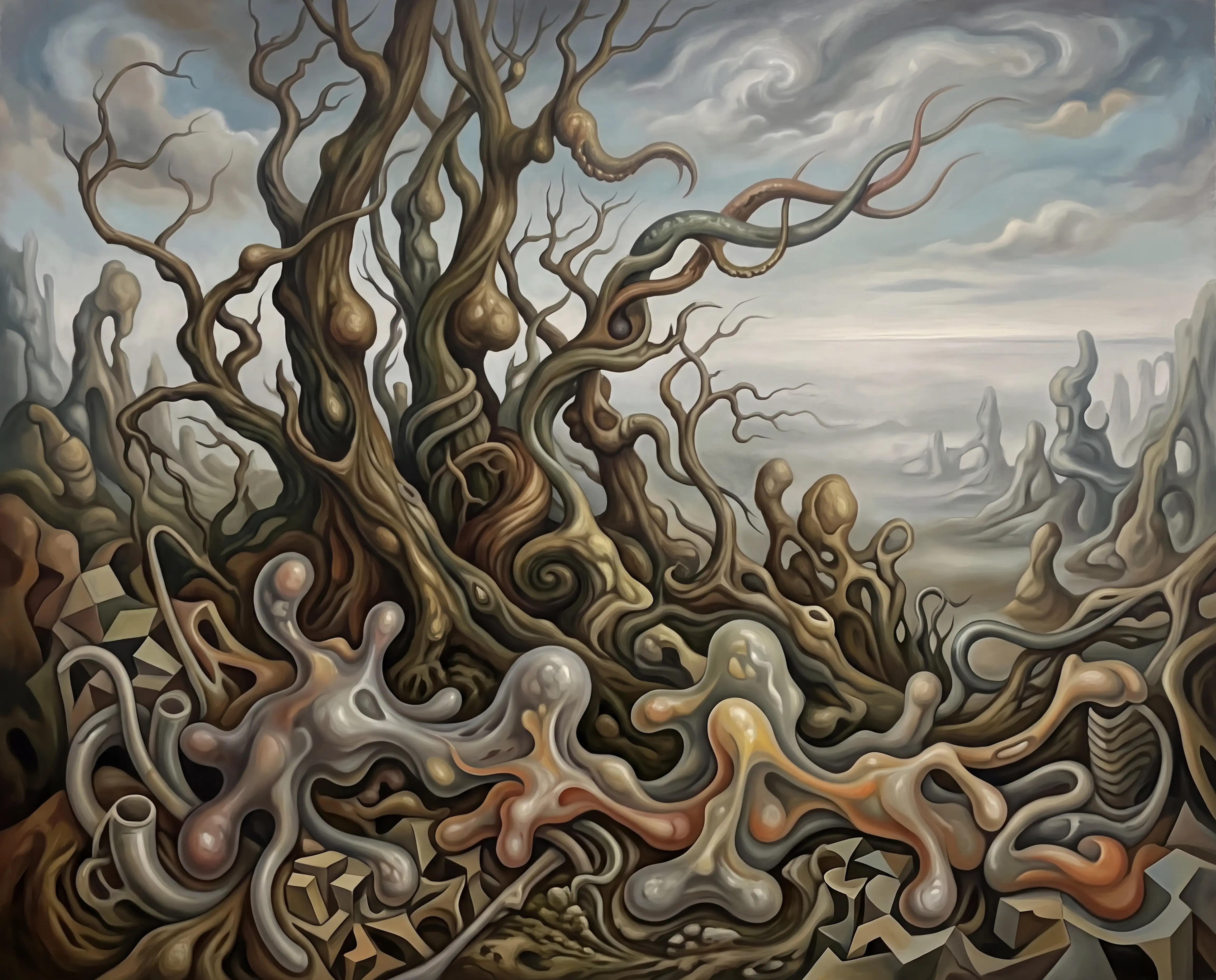 Surrealer Wald aus verdrehten Bäumen und biomorphen Kreaturen
