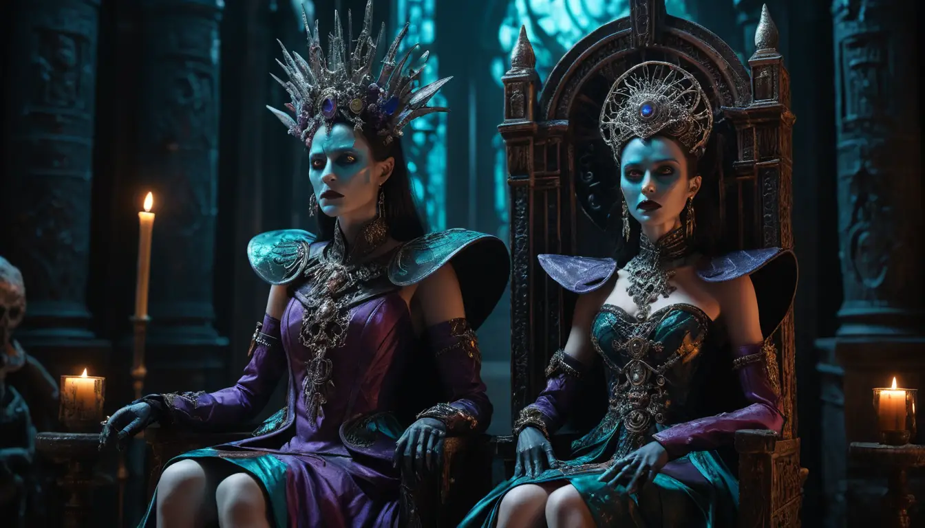 Dunkle Königinnen auf einem makabren Thron in einer Fantasy-Halle