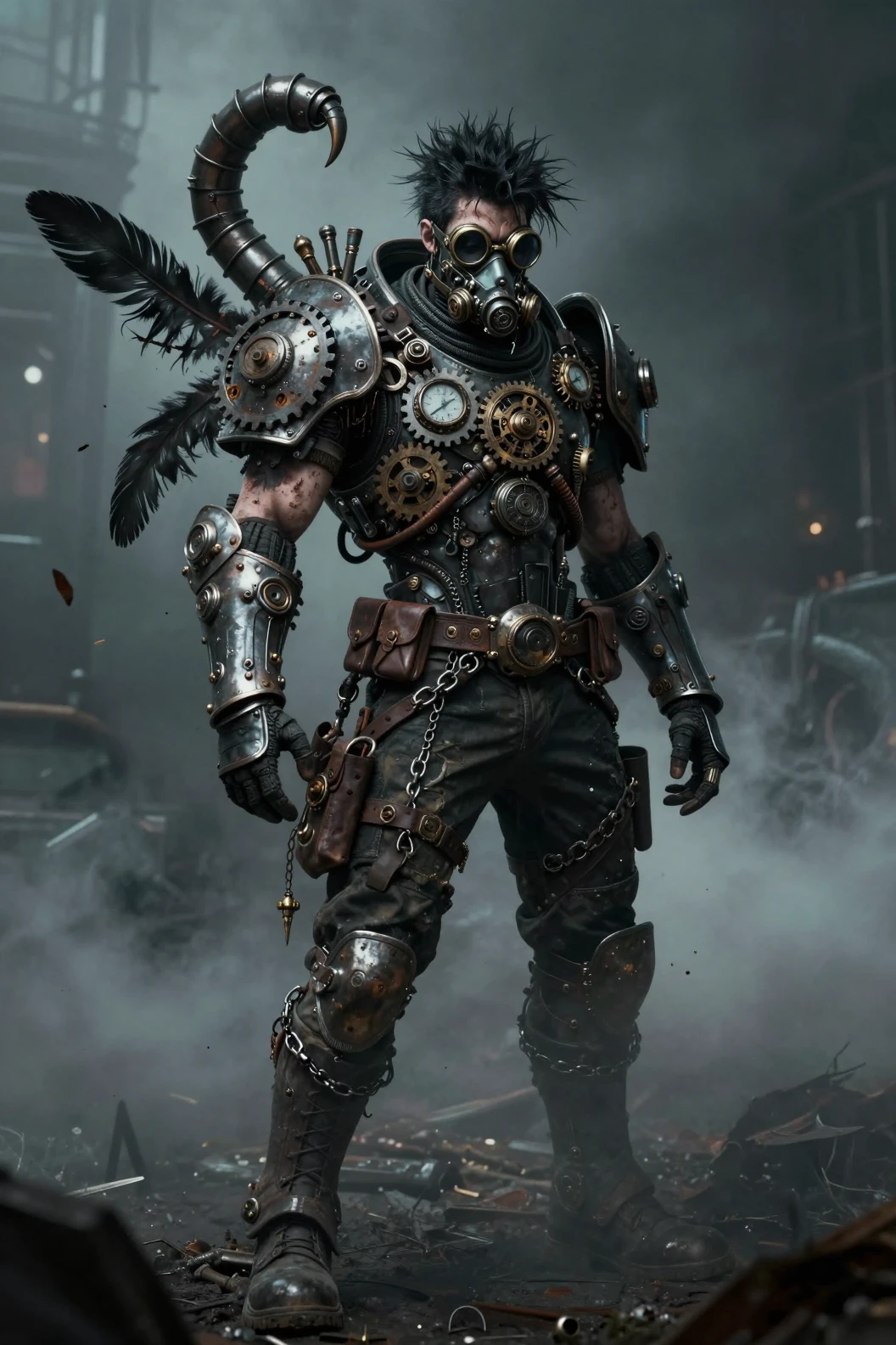 Guerreiro steampunk do deserto pós-apocalíptico em meio à fumaça industrial