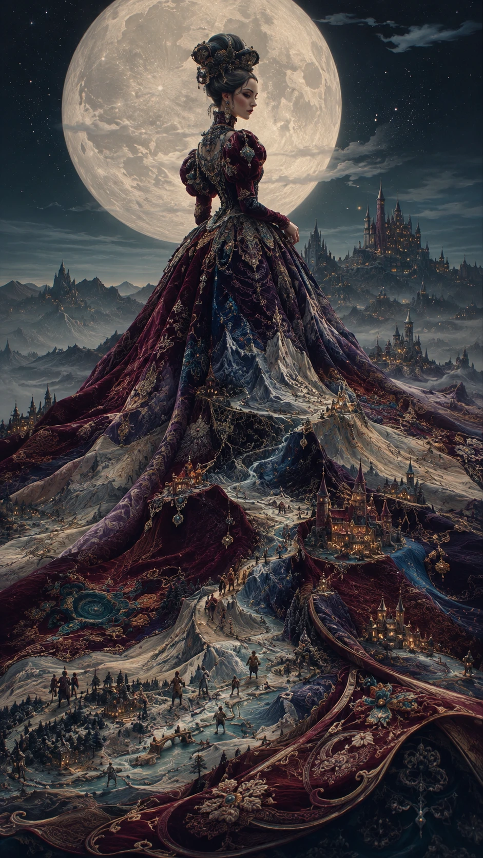 Femme aristocratique sur une colline battue par le vent sous une lune immense