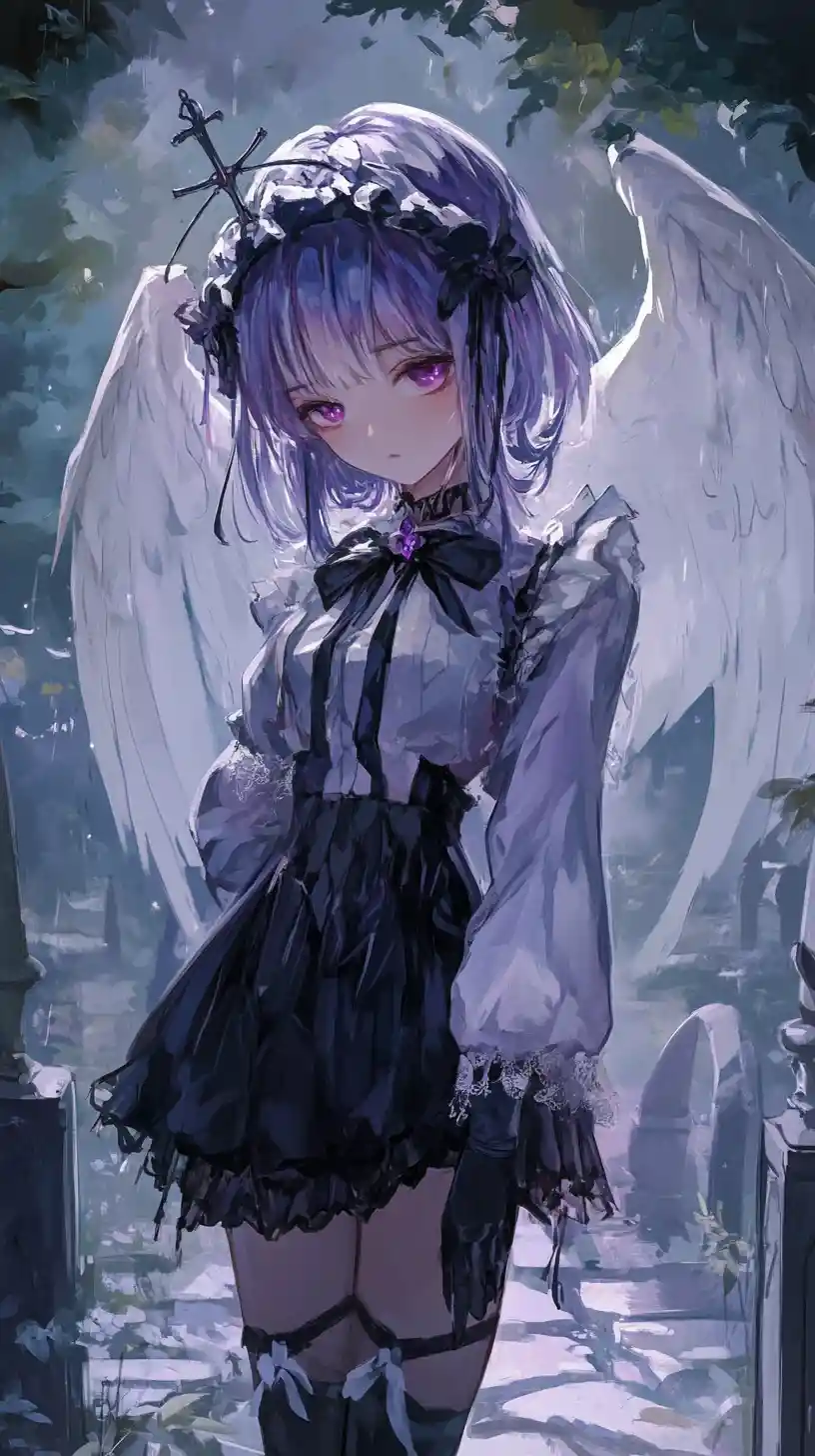 Serious anime girl with glowing wings in ornate dress
