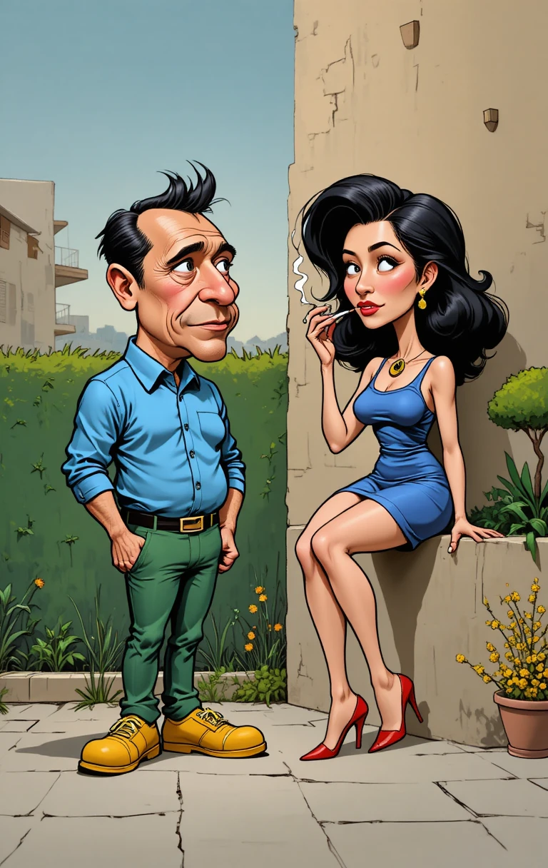 Casal cômico em desenho animado em uma simples cena de rua ao ar livre