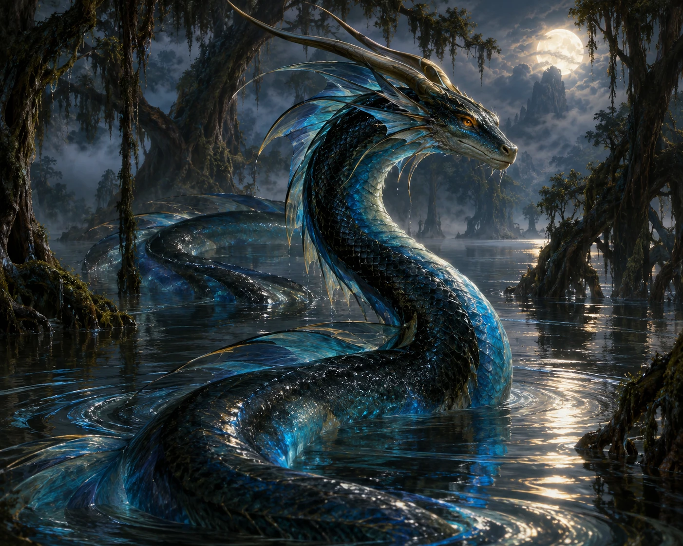 Dragón serpiente deslizándose por un bosque inundado y brumoso