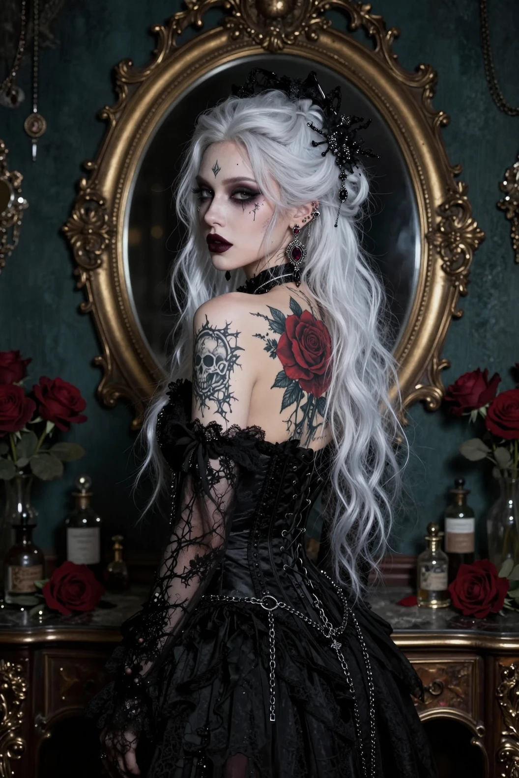 Mulher gótica com costas tatuadas em retrato no espelho vitoriano