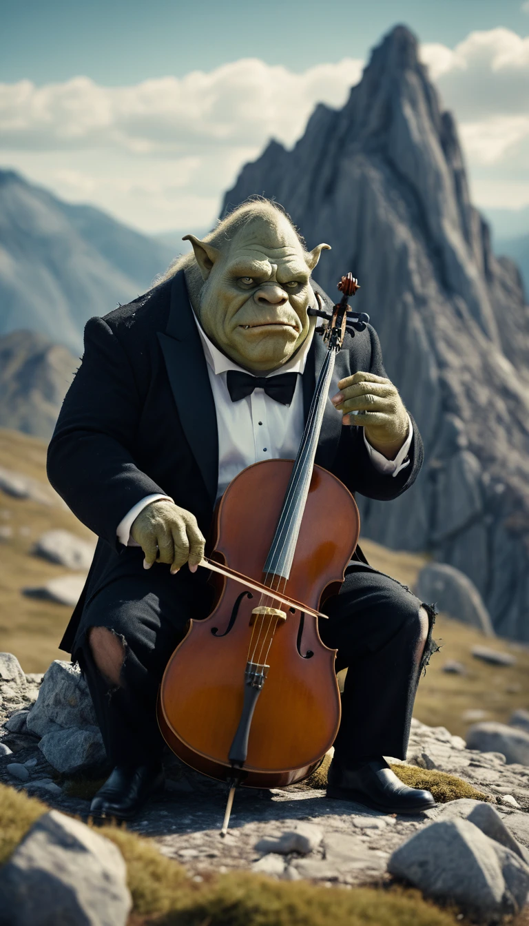 Oger im zerrissenen Smoking, der auf einem Bergplateau Cello spielt