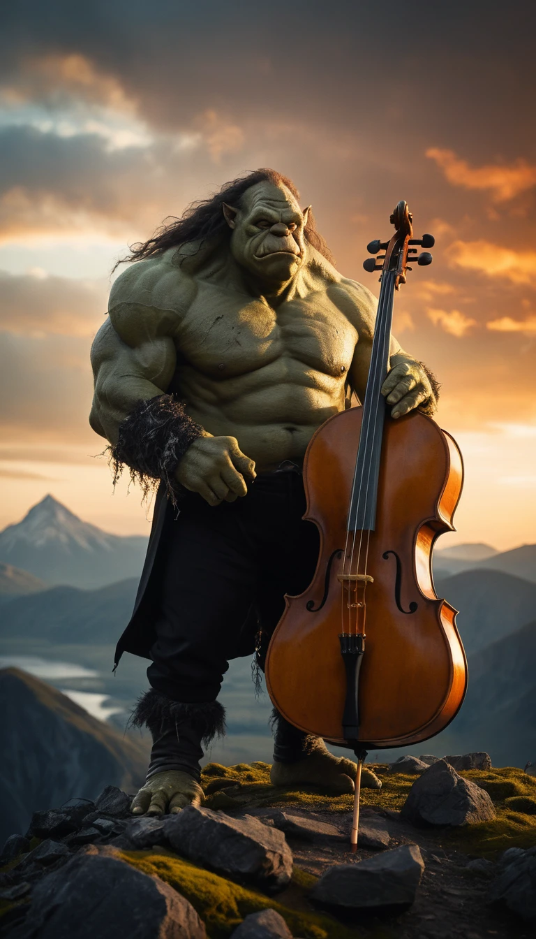 Oger-Cellist auf einem Berghochplateau bei Sonnenuntergang
