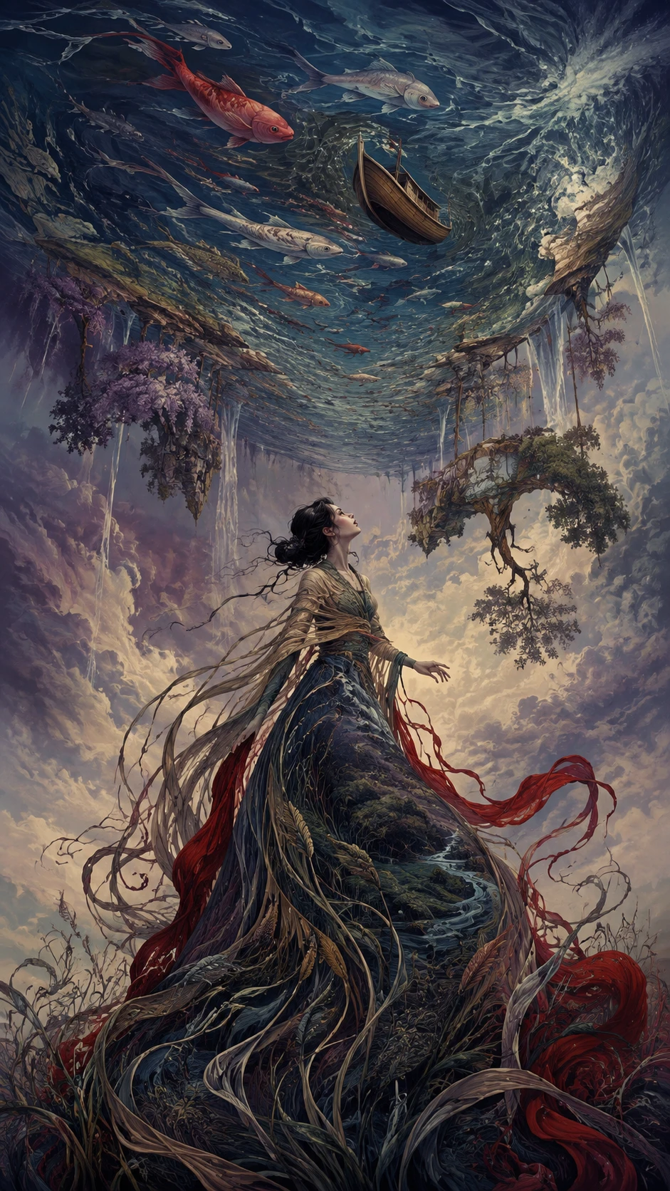 Mulher surreal sob um rio invertido no céu