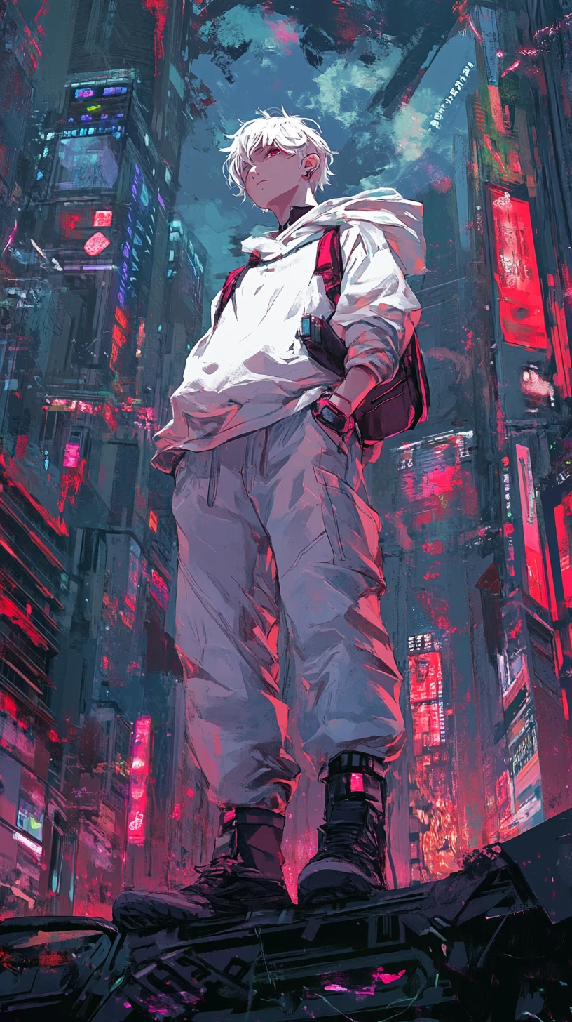 Pôster vertical de personagem de anime com garota estilizada e expressiva
