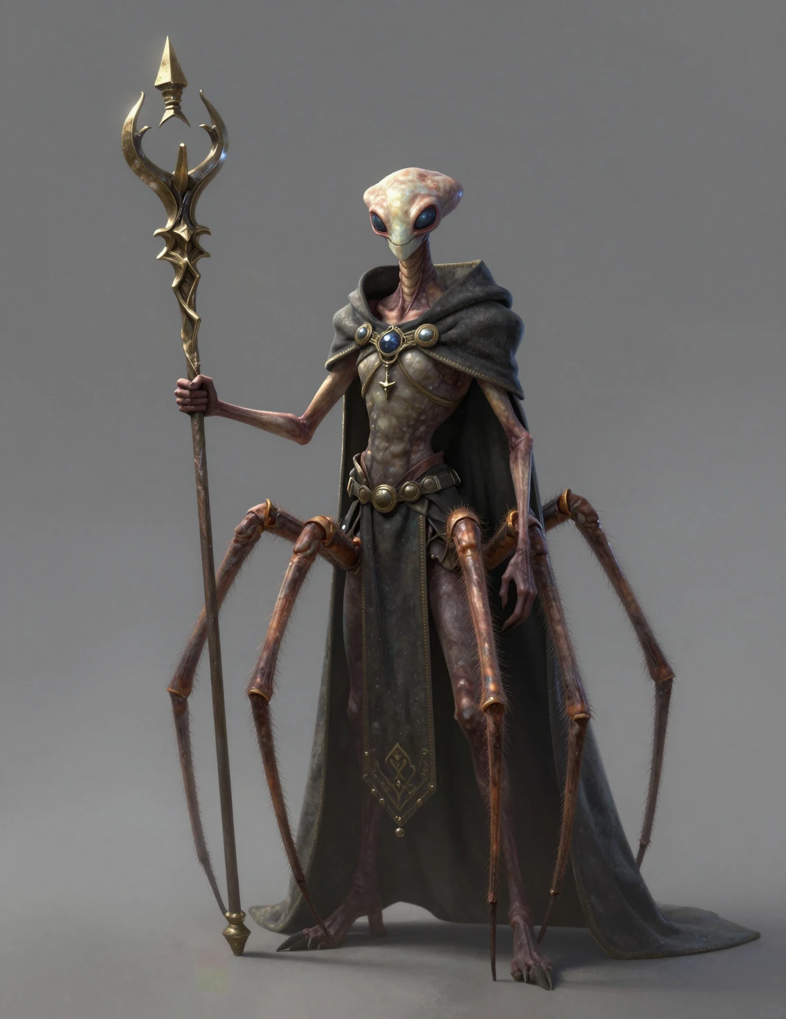 Alta creatura fantasy aracnide con mantello e bastone