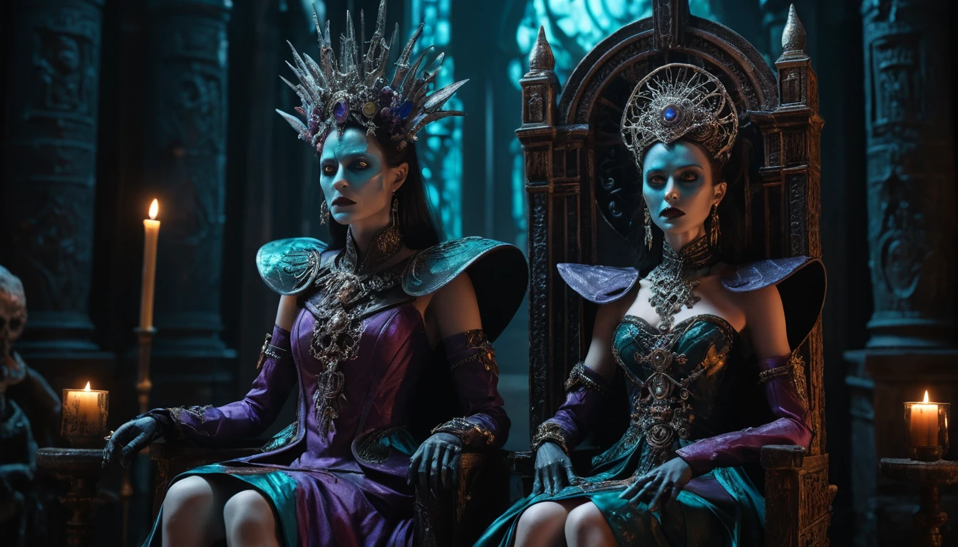 Rainhas sombrias em um trono macabro em um salão de fantasia