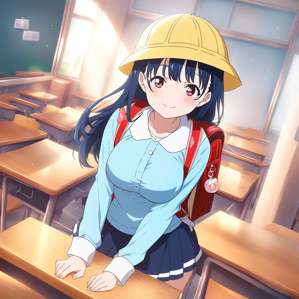 Écolière anime en uniforme jaune de maternelle dans une salle de classe