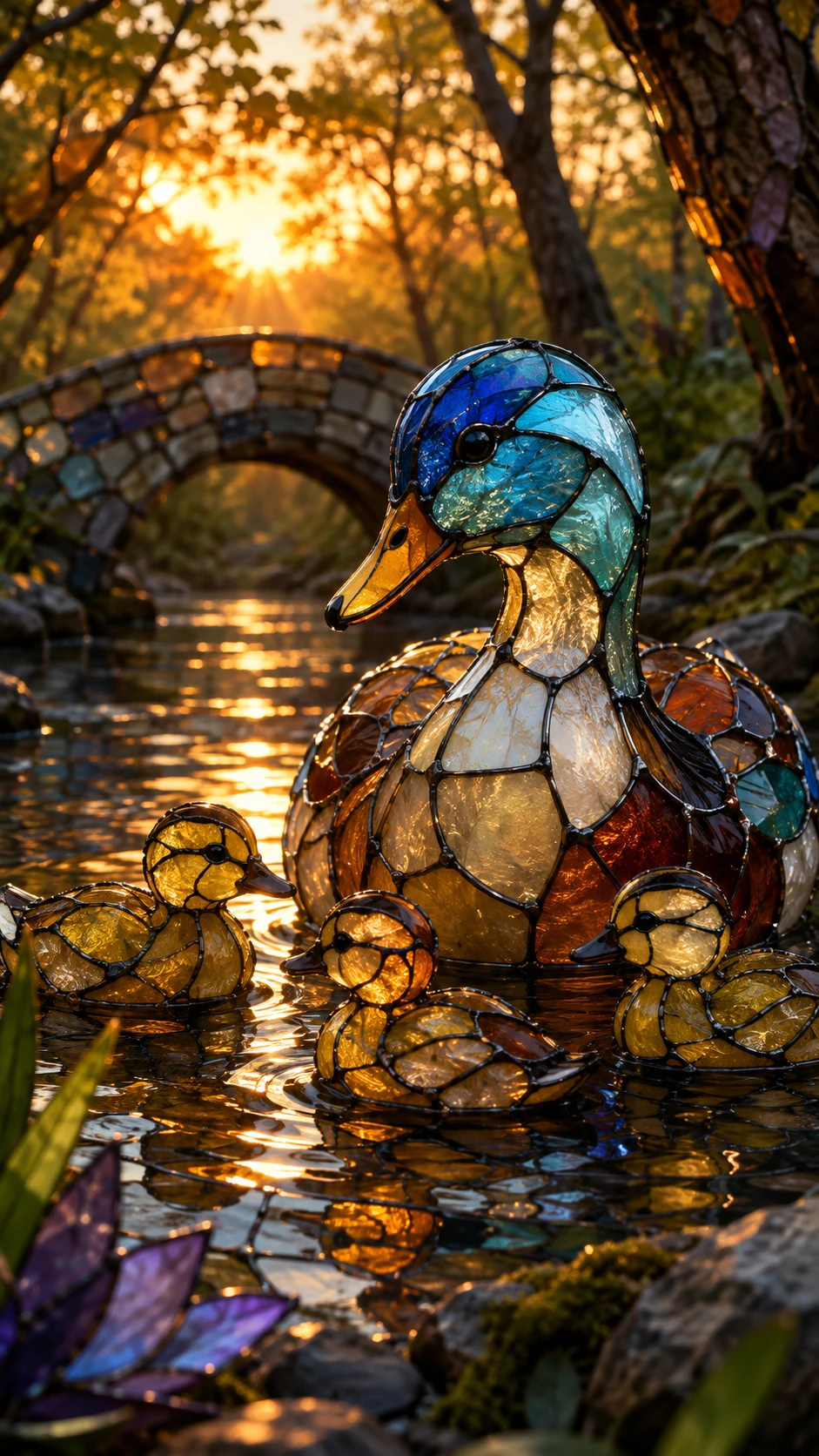 Stained glass animal in a vivid storybook fantasy scene