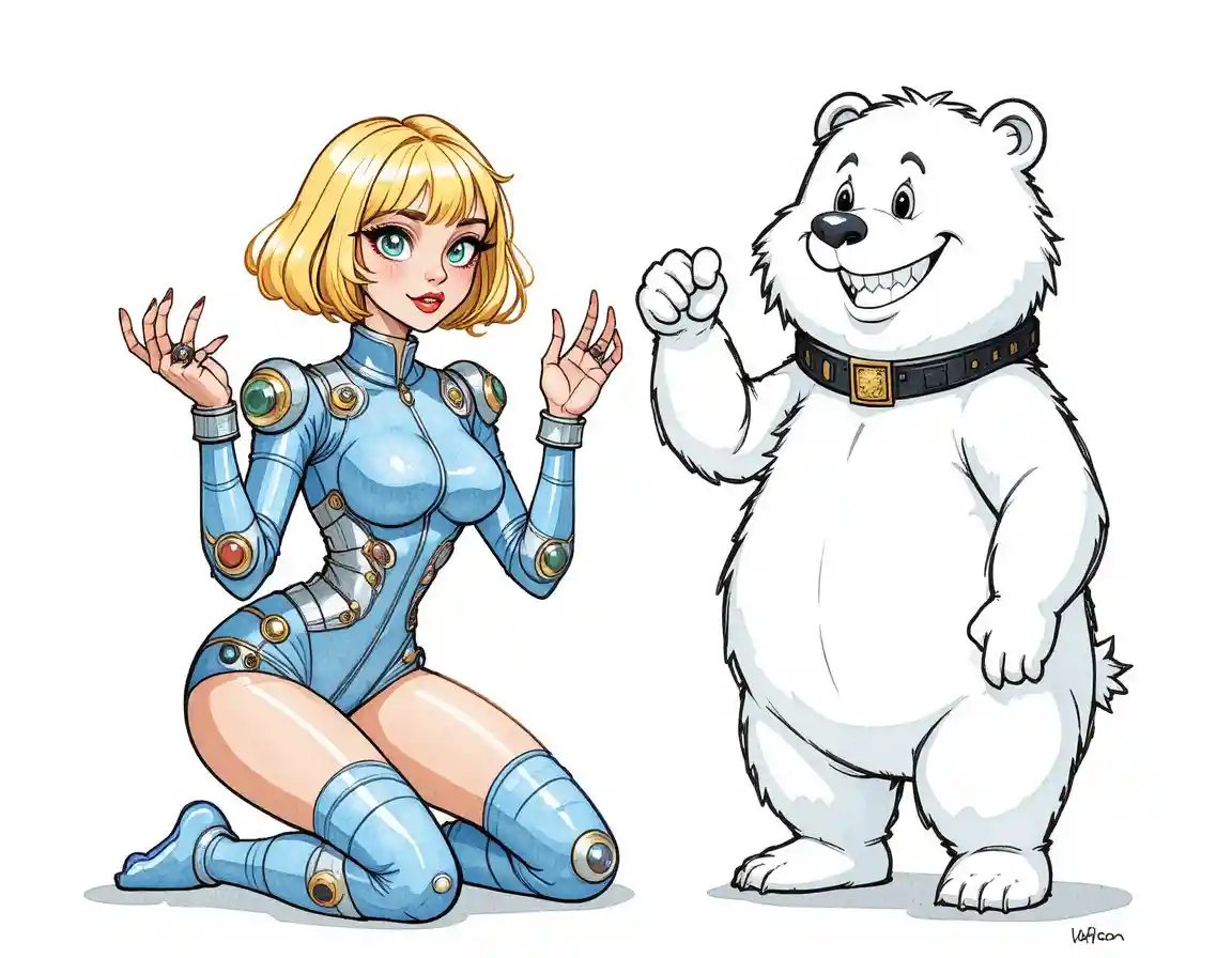 復古科幻風女子與白色卡通熊夥伴