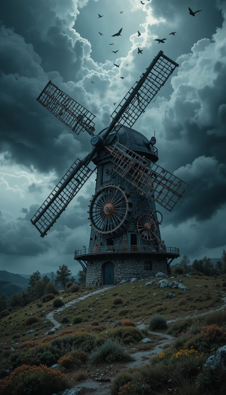 Éolienne colossale mue par une tempête sur un paysage fissuré et aride