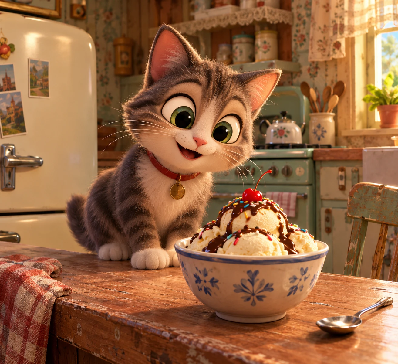 Gato 3D em desenho animado de olho no sorvete em cozinha vintage