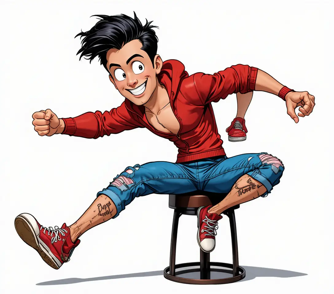 Energiegeladener Cartoon-Junge in dynamischer Ganzkörper-Sprungpose