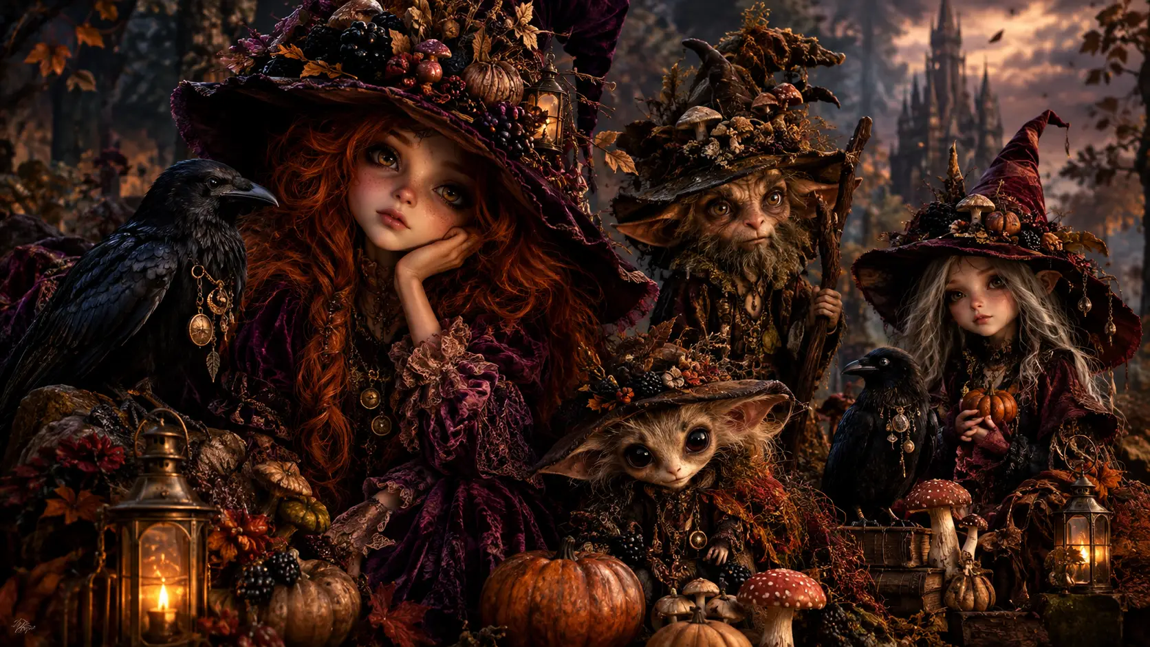 Gothic woodland spirits in elaborate autumn witch couture