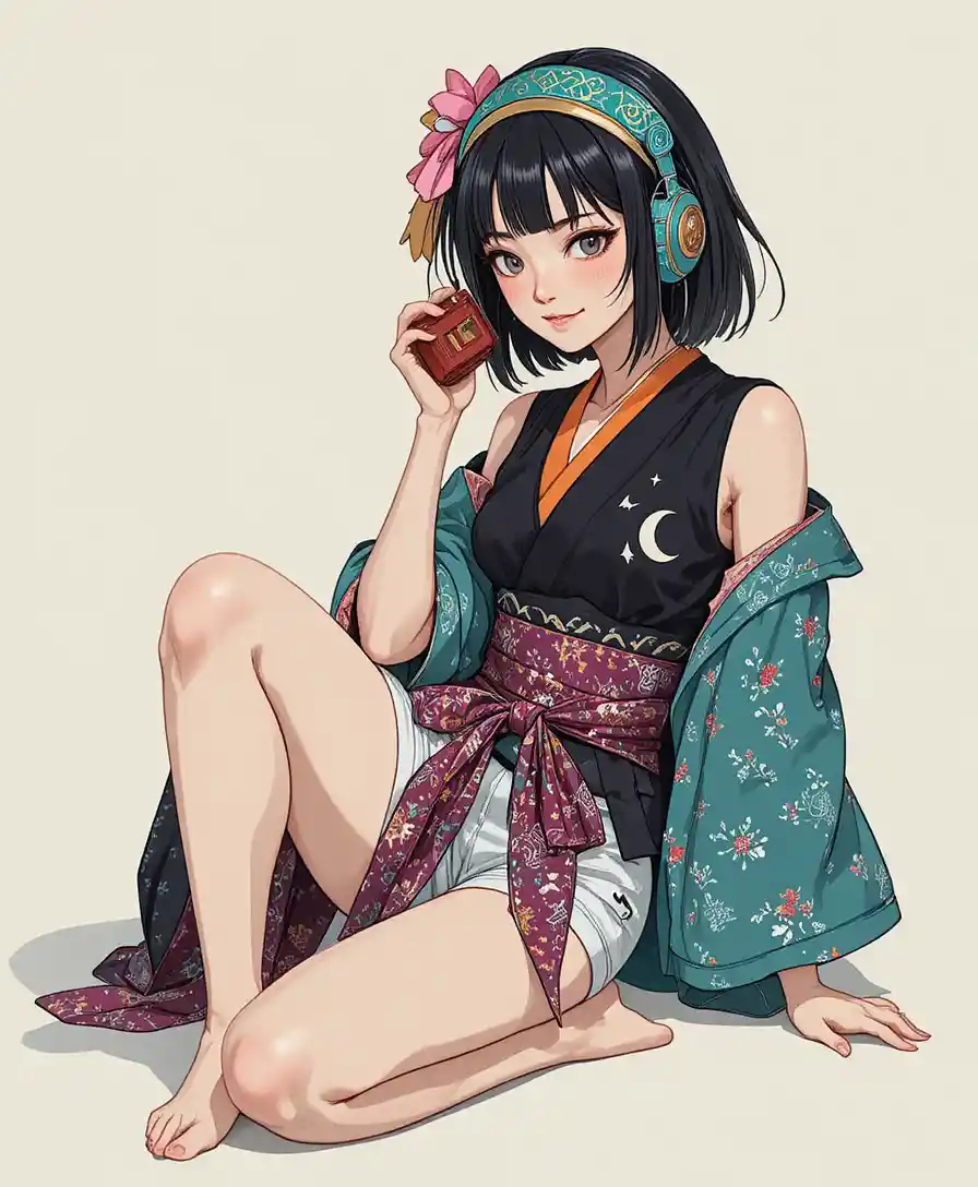 粉色服裝戴耳機聽音樂的動漫女孩