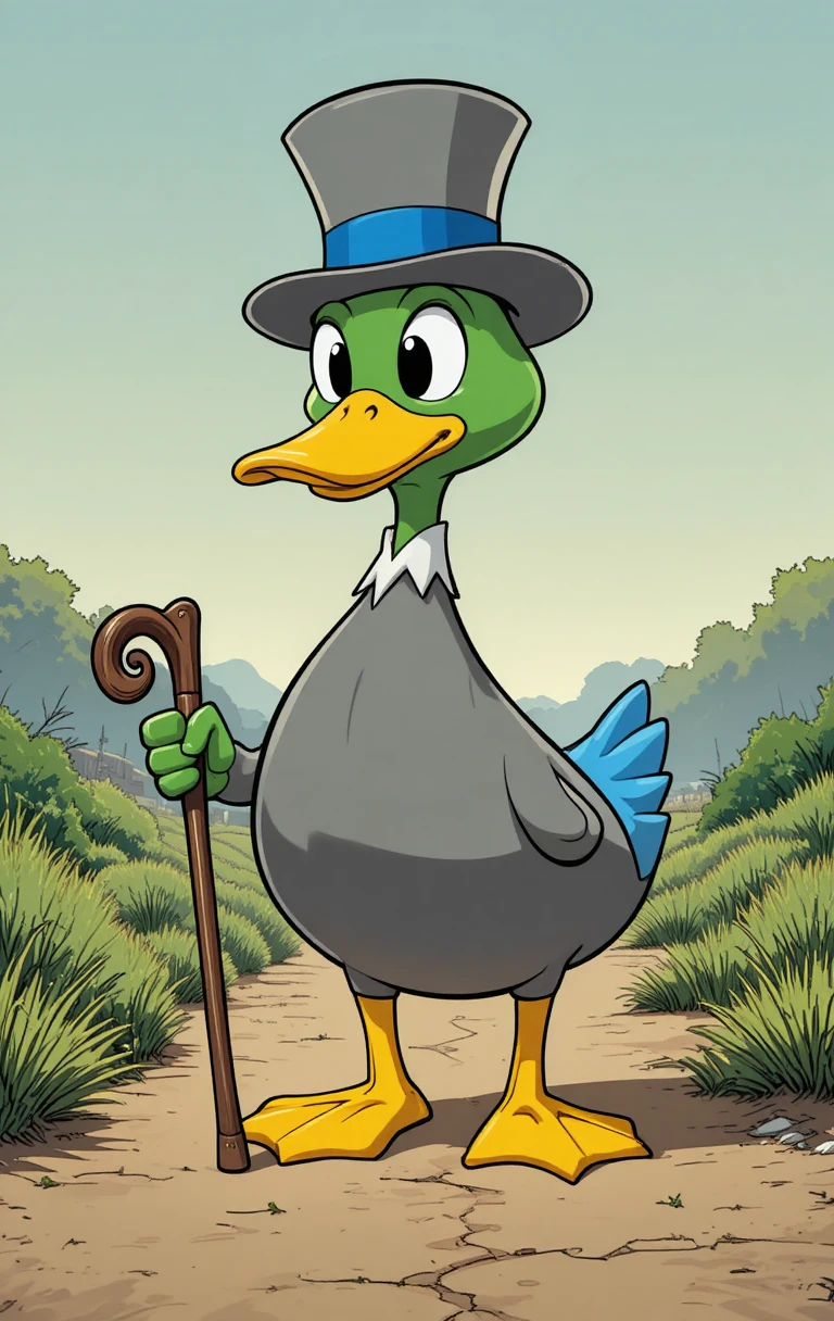 Fröhliche Cartoon-Ente mit Stock auf einem Landweg