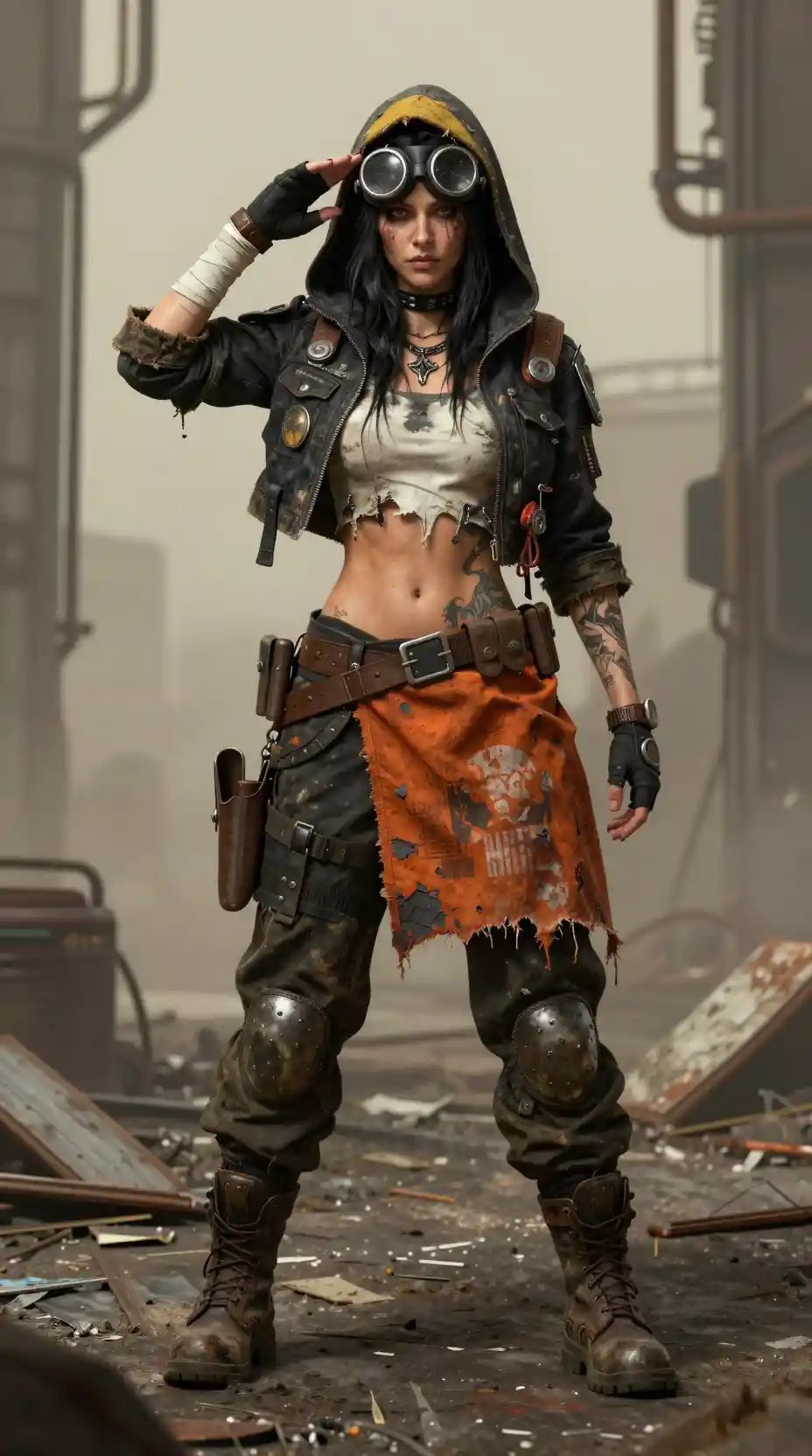 Post apocalyptic woman in industrial alleyway portrait