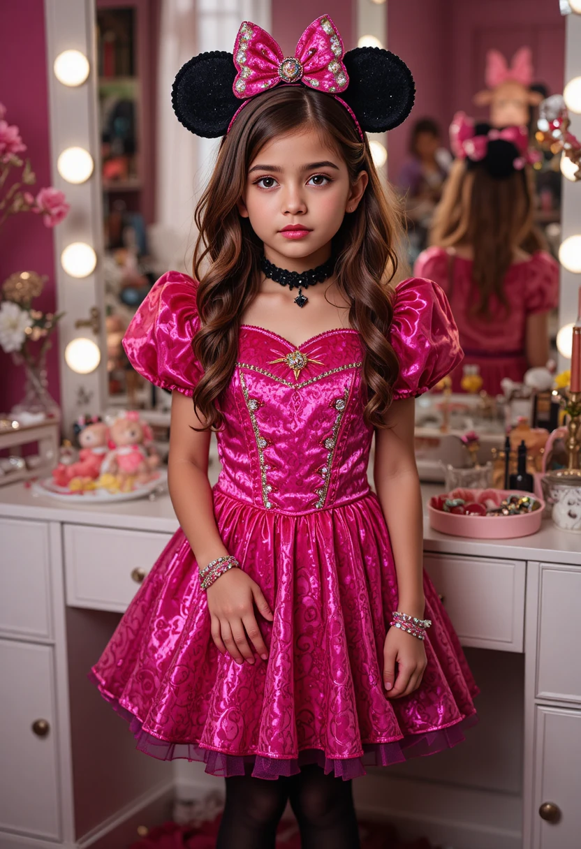 Préado garçon en costume de princesse devant une coiffeuse rose