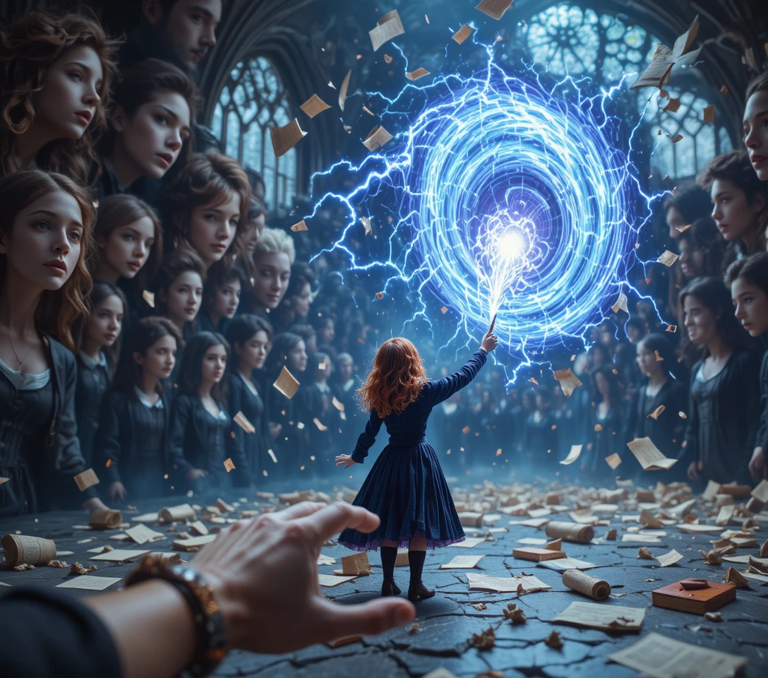 Jovem aprendiz de bruxa libertando vórtice caótico de magia azul