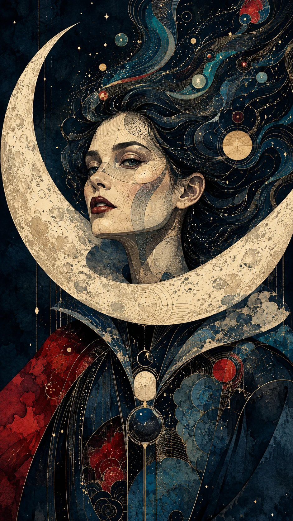 Mulher surreal com colar de lua crescente e cabelo cósmico