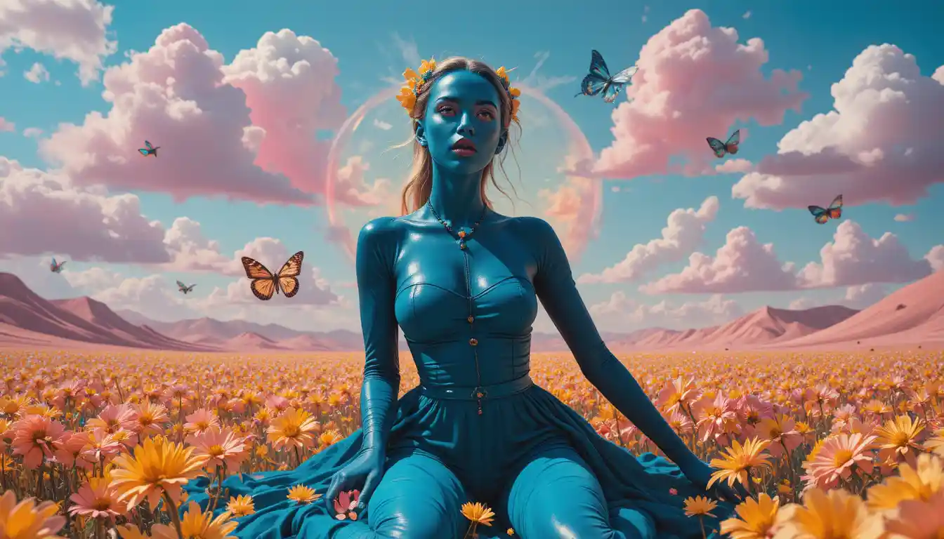 Surreal pastel scene with two women and twisted shadow