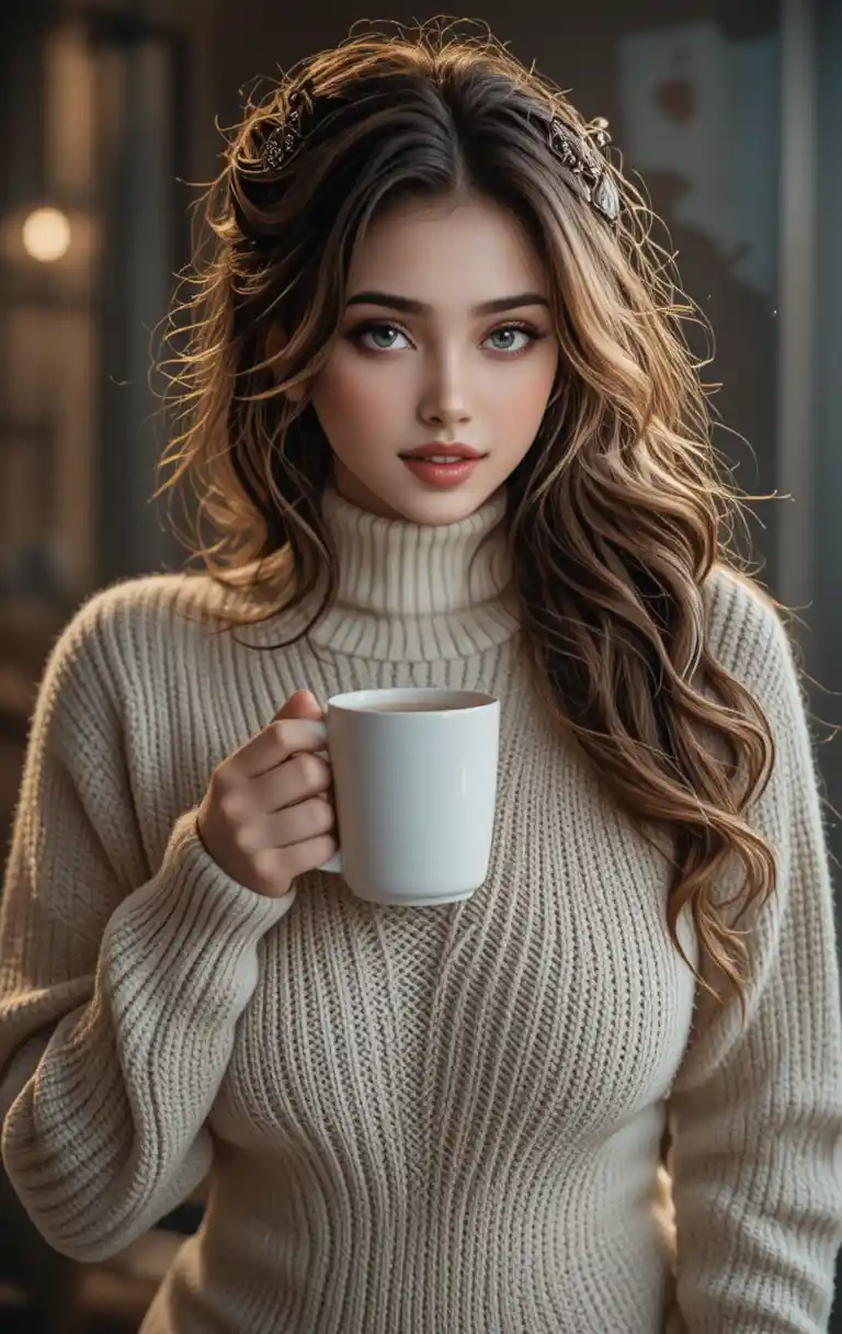 Blonde woman in turtleneck sweater enjoying hot coffee indoors