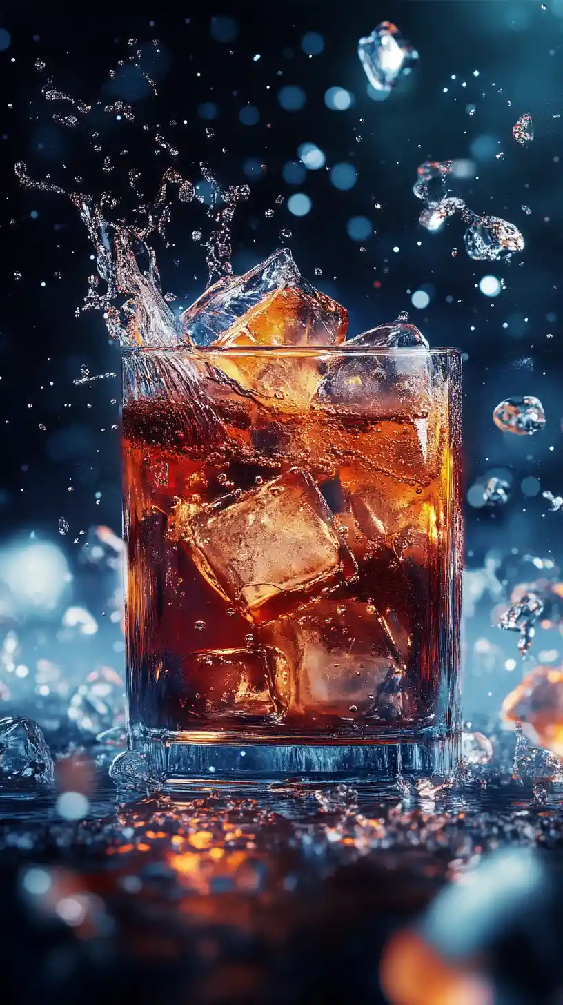 Cinematic beverage splash with floating ingredients and reflections