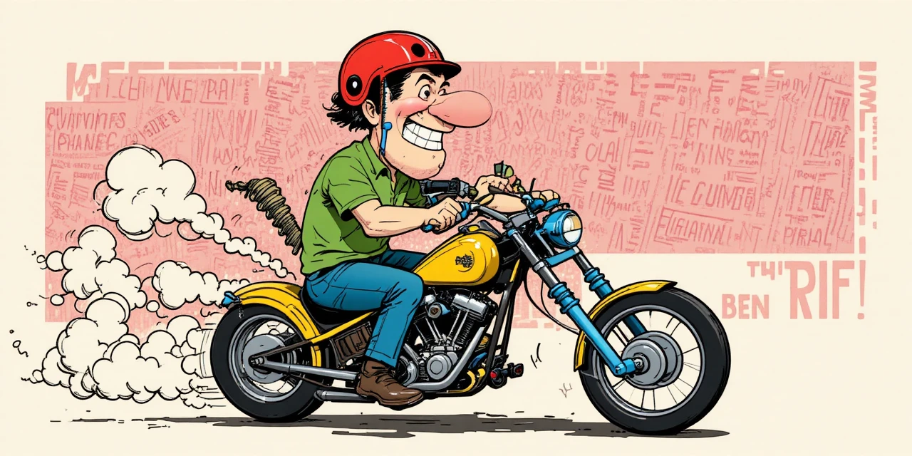 Homem em estilo cartoon pilotando uma moto chopper customizada com rastro de fumaça
