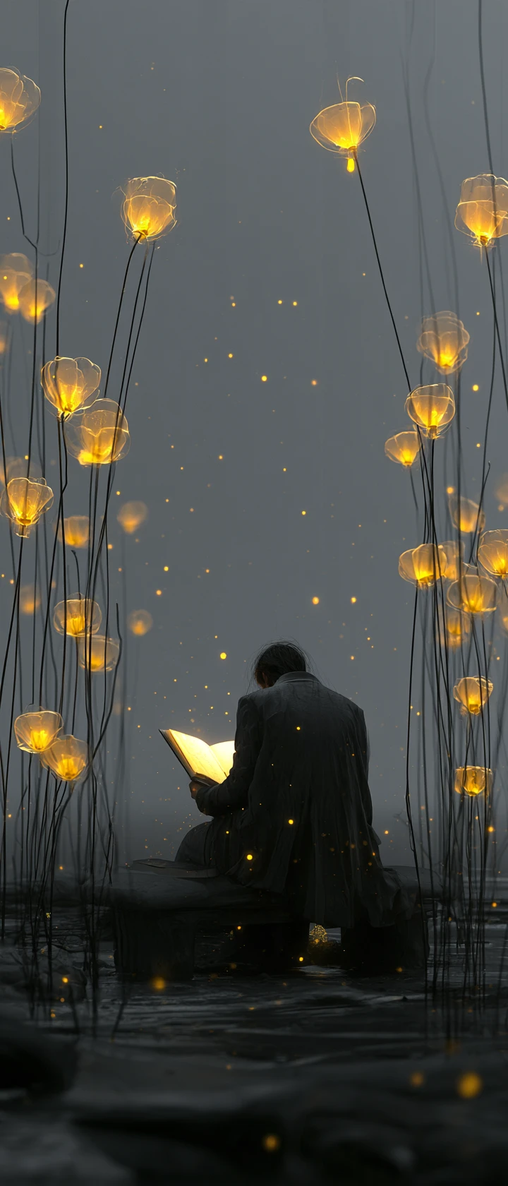 Silhouette Lisant un Livre Lumineux parmi des Fleurs-Lanternes Surréalistes