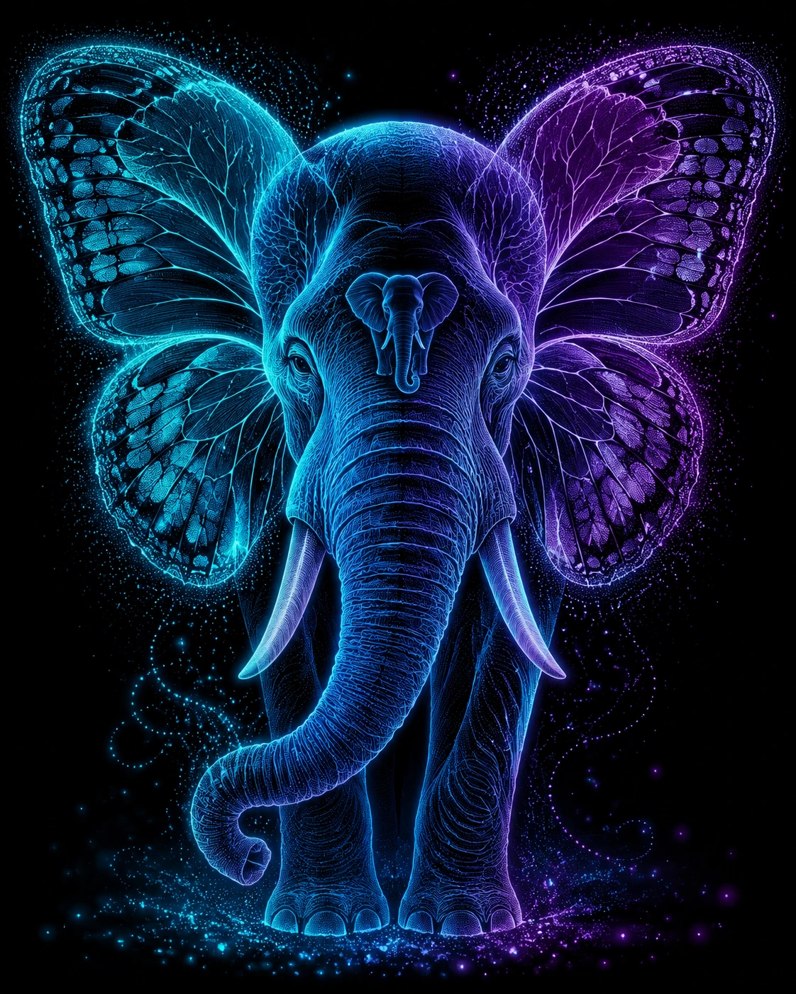 Elefante Neon Surreal se Transformando em Asas de Borboleta