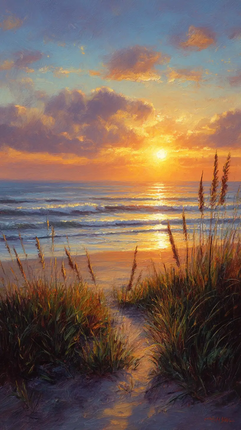 柔和海浪與沙灘上閃耀的海岸夕陽