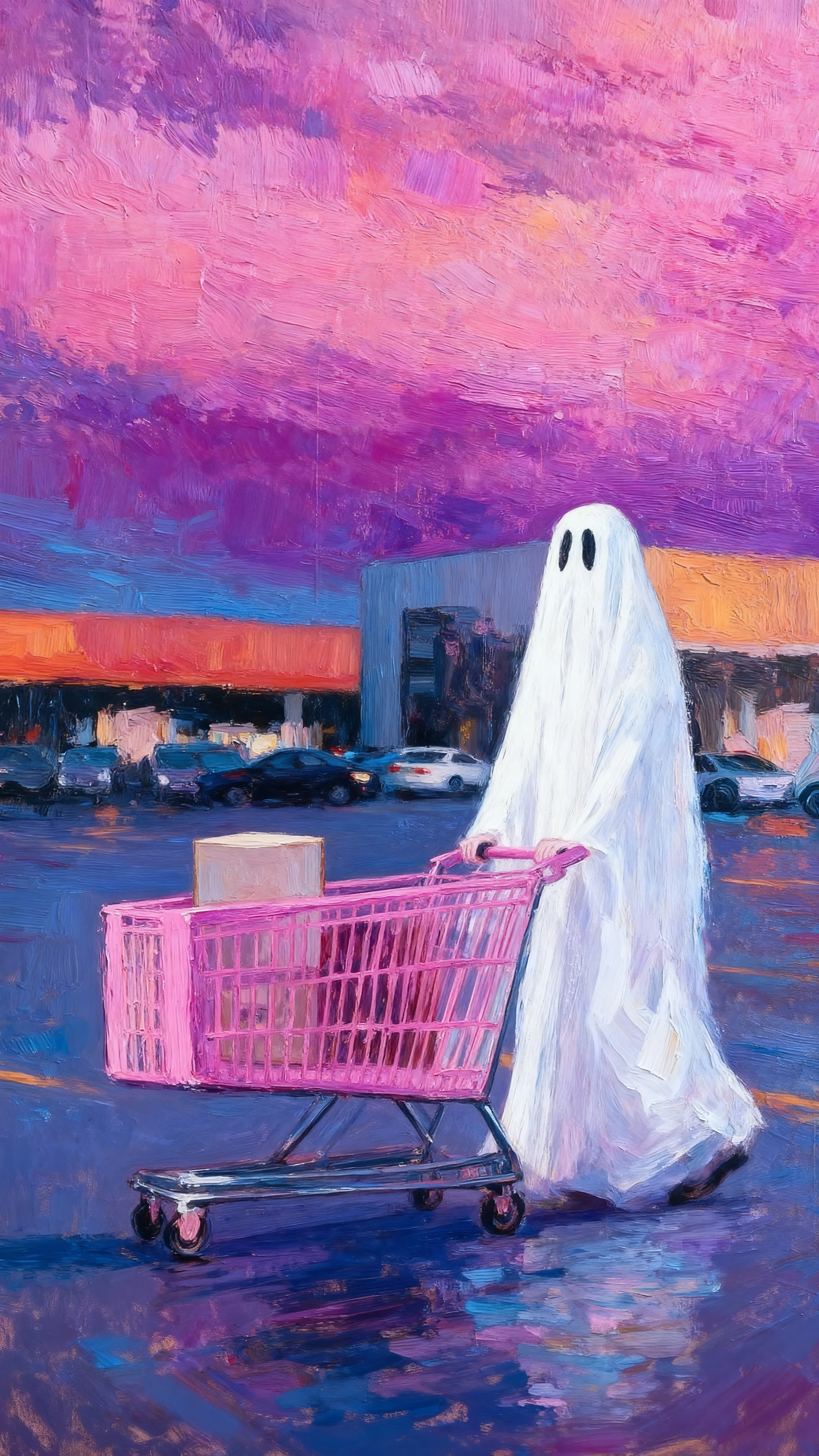 Fantasma com carrinho de compras rosa em um estacionamento ao entardecer