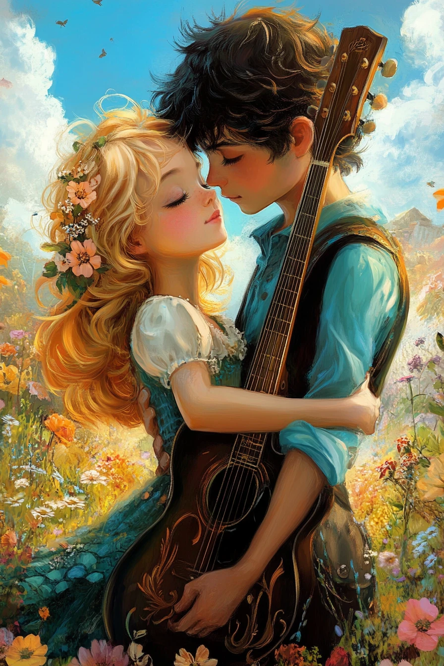 Hippie couple with guitar in a dreamy flower landscape