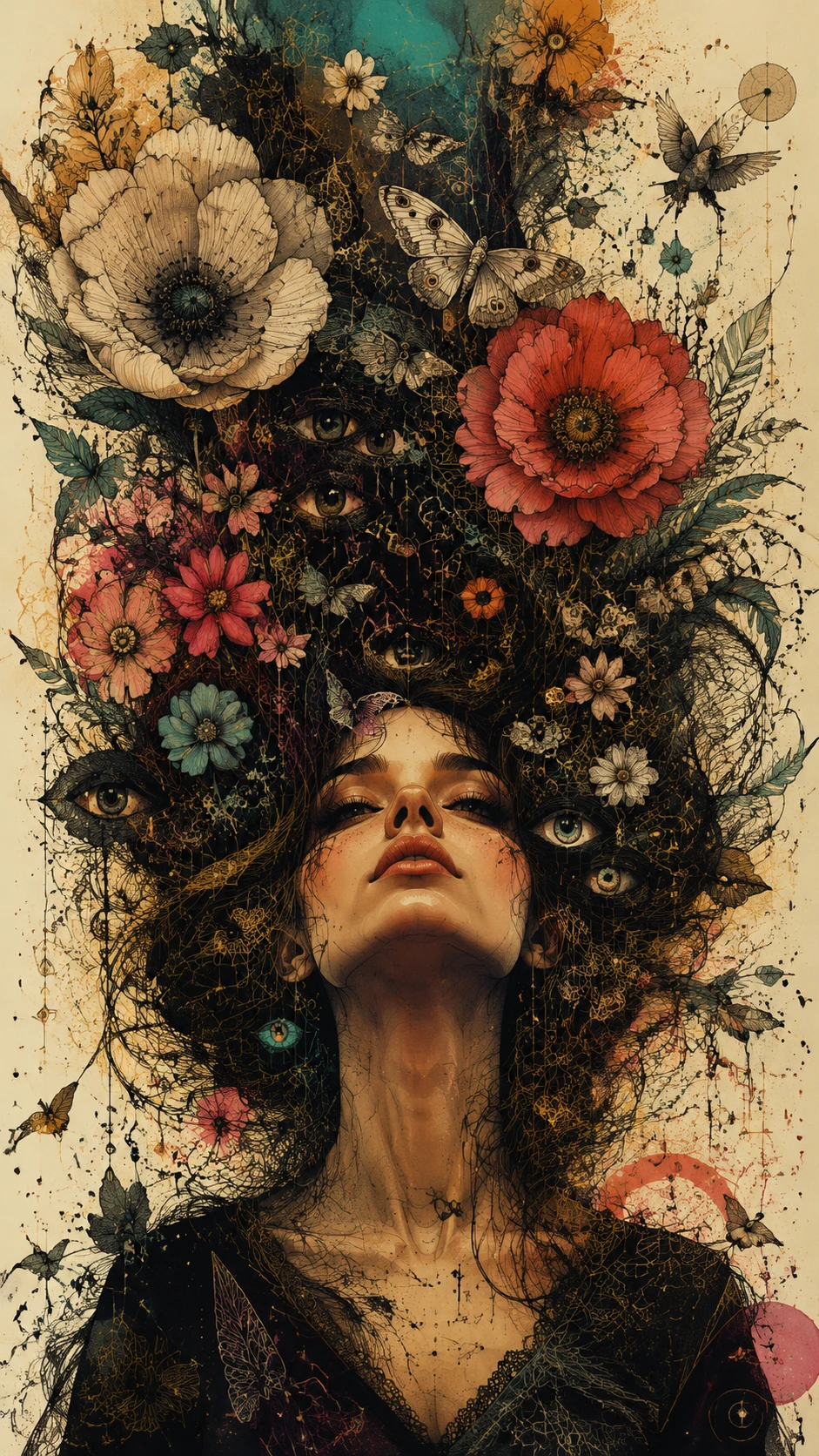 Retrato surreal de mulher com cabelo fluido, jardim e olhos