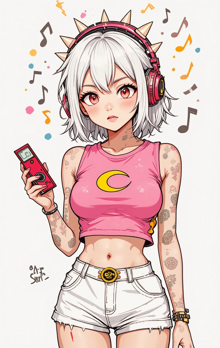 Garota de anime com fones de ouvido e tocador de música em roupa rosa
