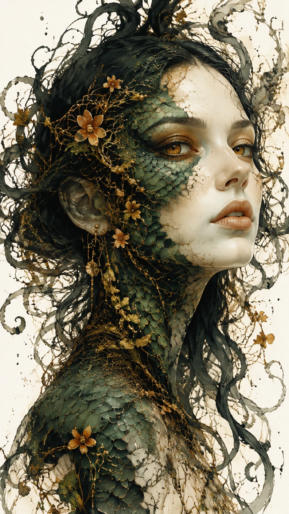 Mulher surreal com escamas de serpente esmeralda e flores douradas