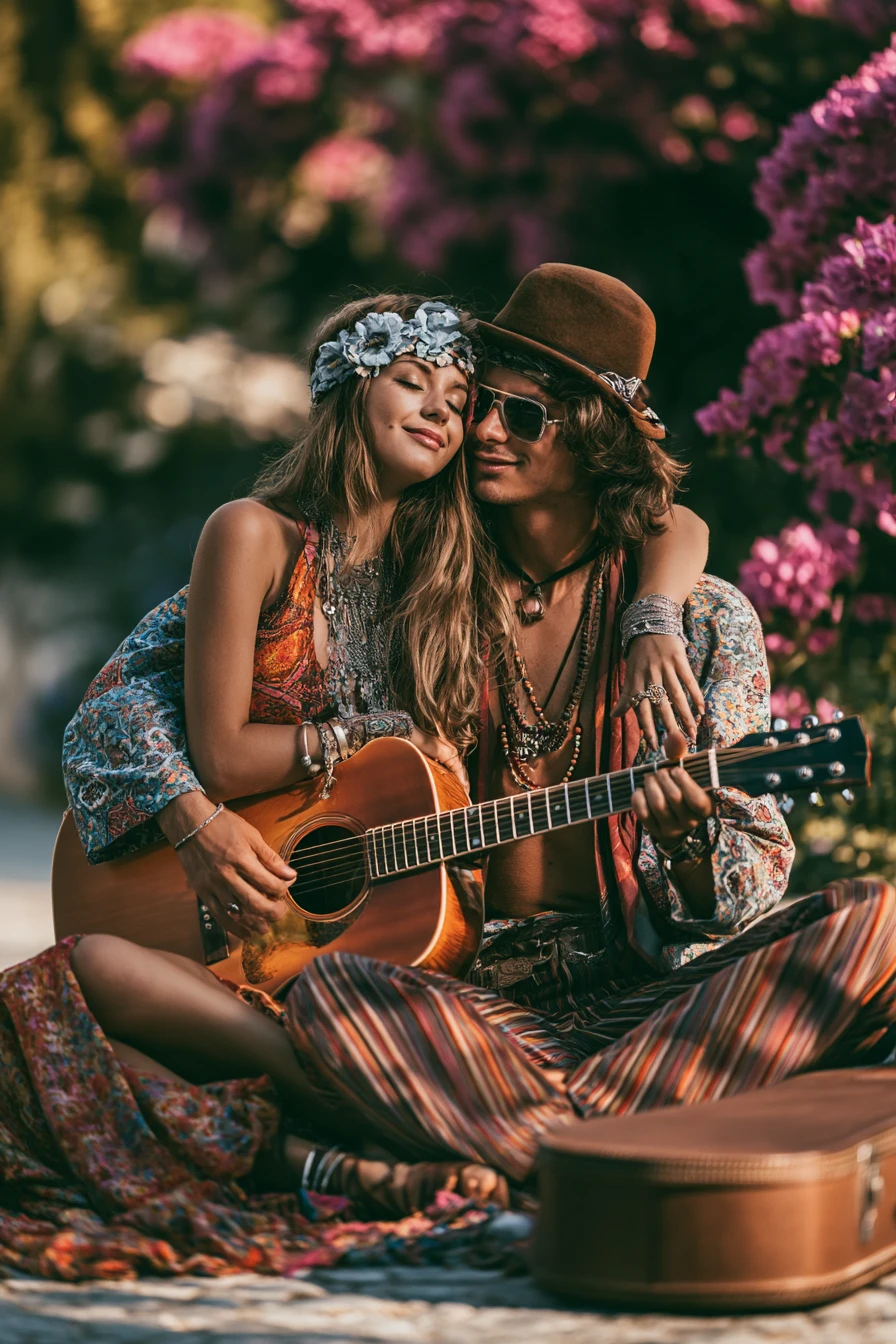 Jeune couple hippie qui se câline dans un paysage fleuri de rêve