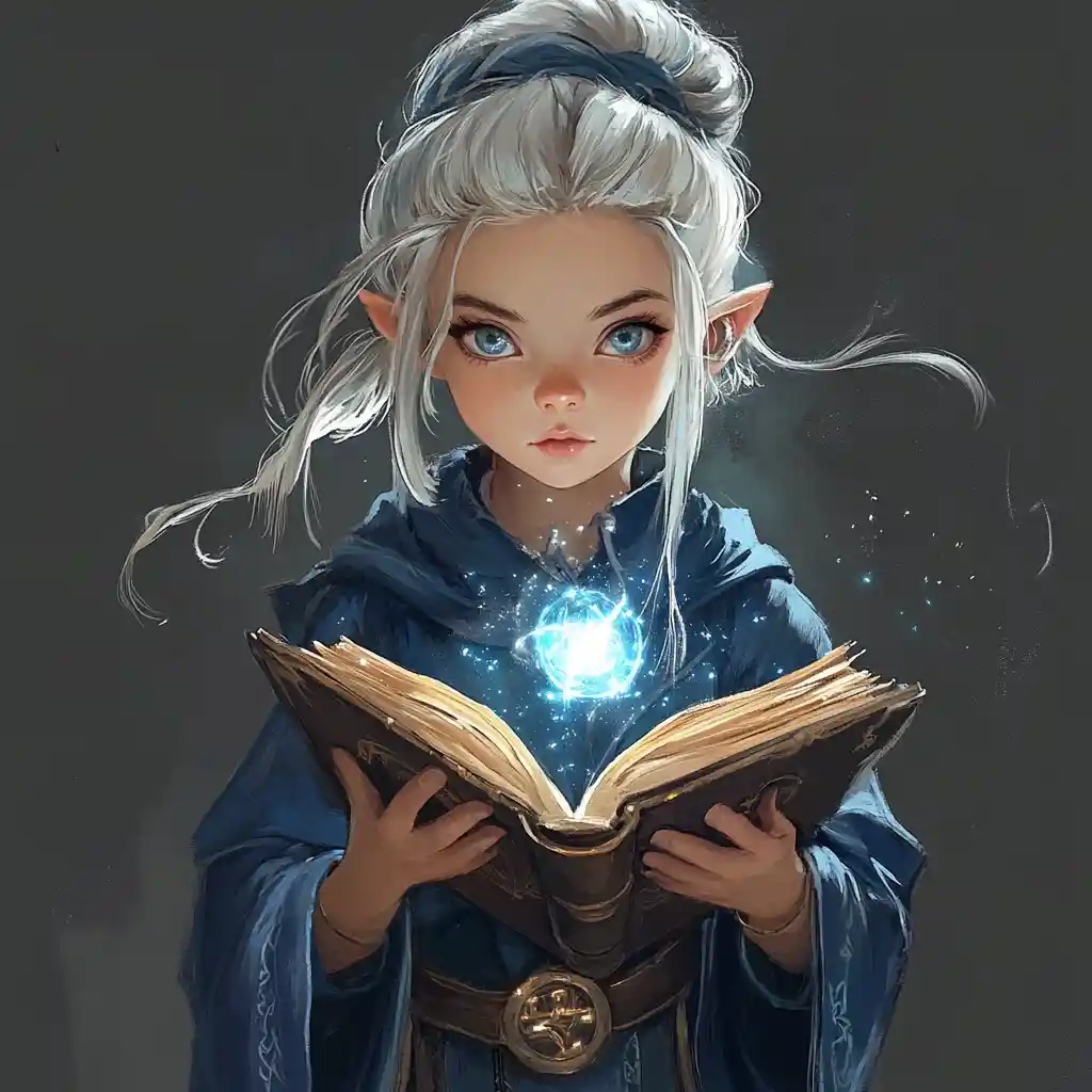 Gnome wizard girl with ivory hair and sapphire eyes